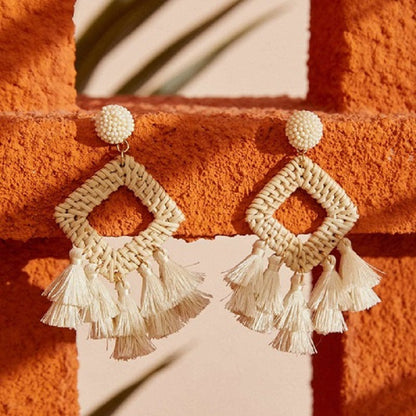 New Vintage Rattan Tassel Earrings Earrings Bohemian Handmade Raffia Earrings