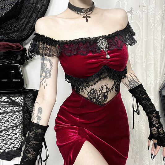 Off-Shoulder Velvet Dress With Floral Design