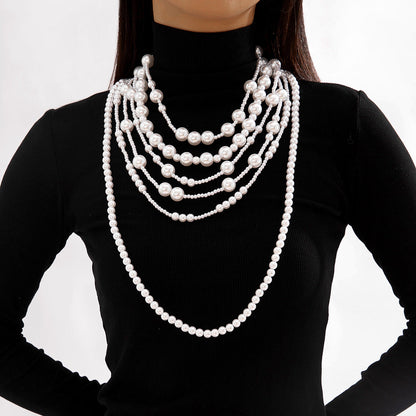 Fashionable Vintage Geometric Bead Necklace With Pearl Layered Design