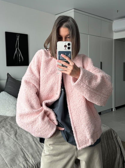 Pink Casual Stand Collar Short Jacket