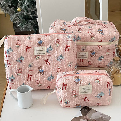 Bow Flower Large Capacity Makeup Bag Vintage Quilted Toiletry Pouch