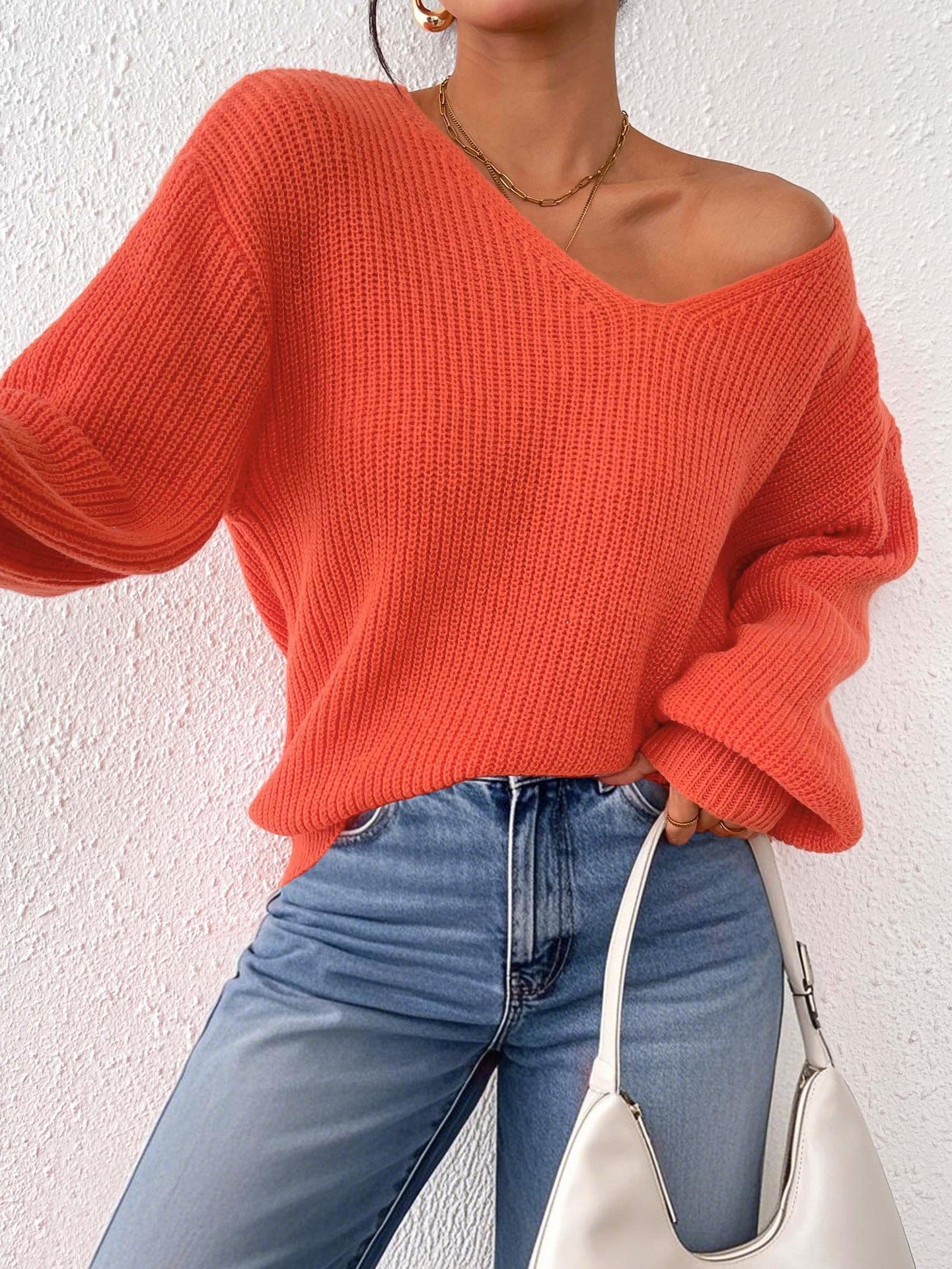 Casual V-Neck Loose Sweater Women