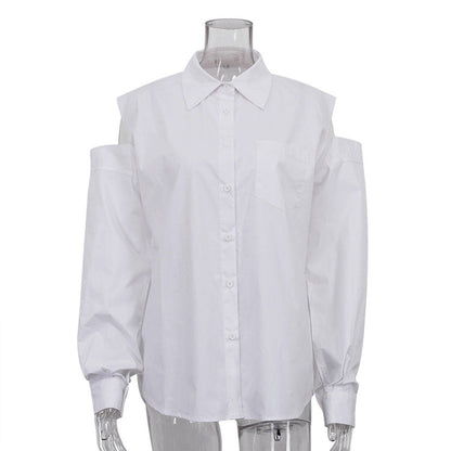 Chic White Long Sleeve Button-Up Shirt With Cold Shoulder