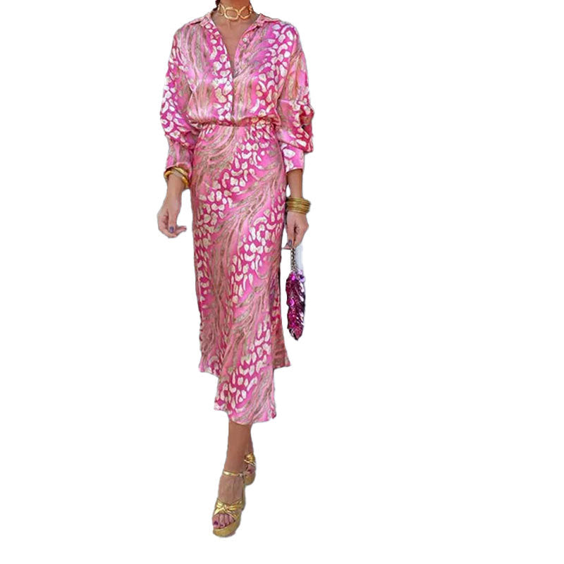 Elegant Floral V-Neck Long Sleeve Dress Set