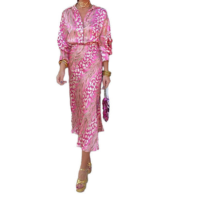 Elegant Floral V-Neck Long Sleeve Dress Set