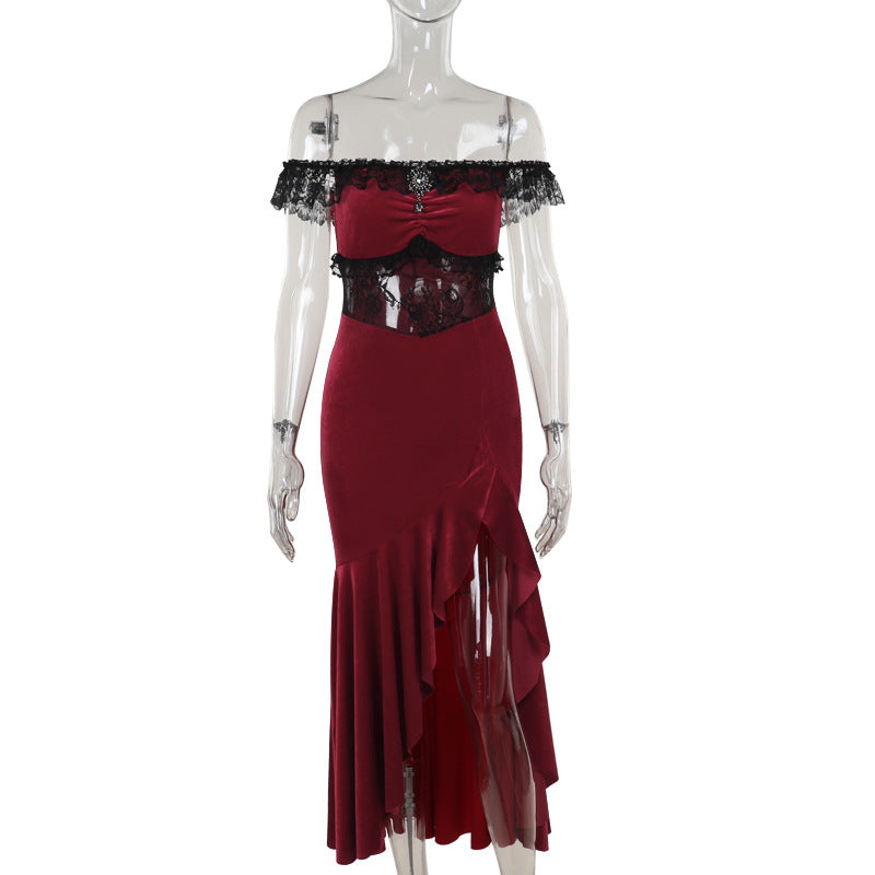 Off-Shoulder Velvet Dress With Floral Design