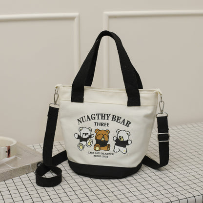 Cute Bear Canvas Tote Bag Portable Lunch Bag for Daily Use