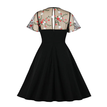 Vintage Polka Dot Pleated Dress Black Embroidery Elegant Style