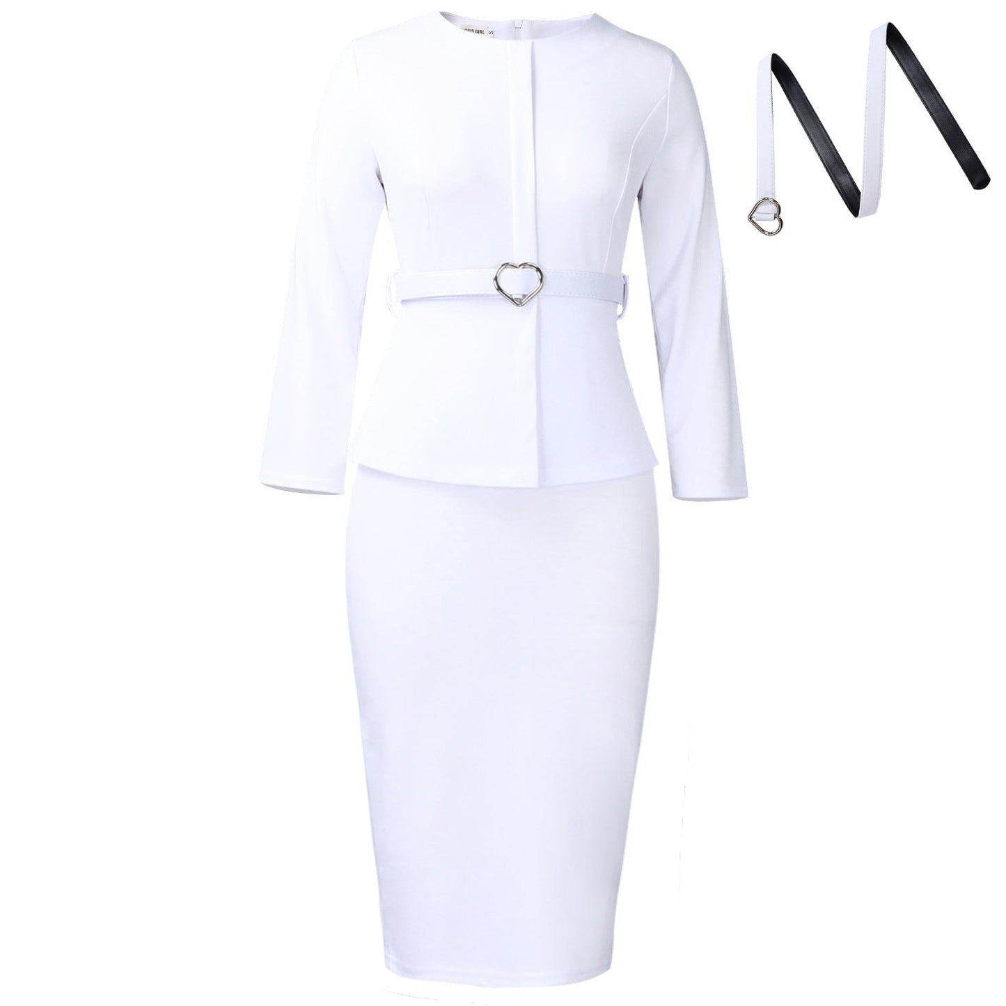 Elegant Round Neck Pencil Dress With Belt