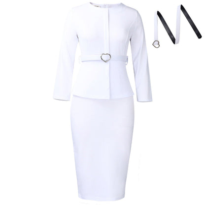 Elegant Round Neck Pencil Dress With Belt