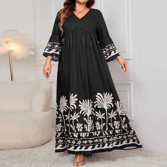 V-Neck Floral Long Dress with Flared Sleeves