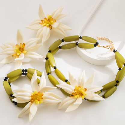 White Floral Earrings Bracelet Layered Necklace Bohemian Vacation Jewelry