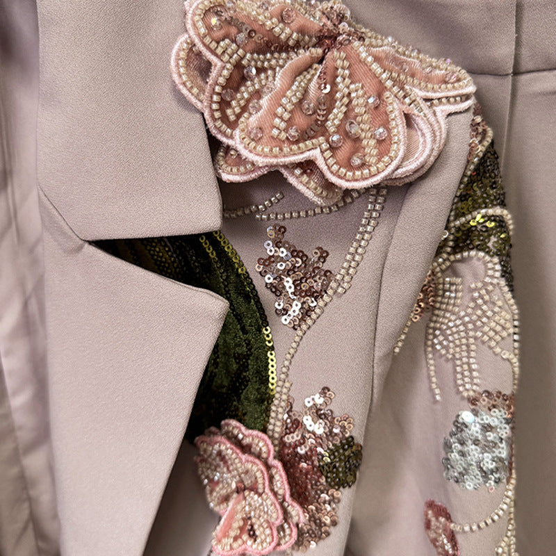 Fashionable Beaded Floral Jacket And Wide-Leg Pant Set