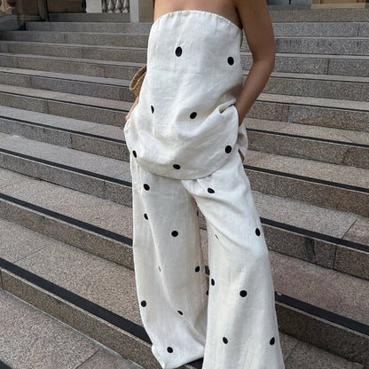 Off-Shoulder Polka Dot Print Cotton Two-Piece Set