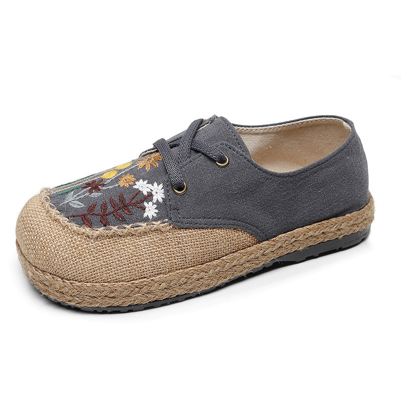 New Ethnic Style Women'S Shoes Dandelion Embroidered Linen Shoes Cow Tendon Bottom Hand-Stitched Top Lace-Up Cloth Shoes