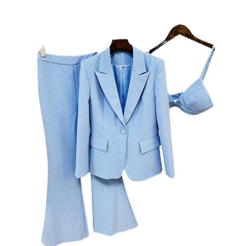 Blingbling Suit Top With One-Button And Flared Trousers Set