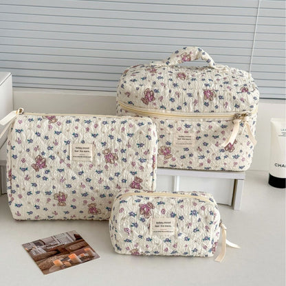 Bow Flower Large Capacity Makeup Bag Vintage Quilted Toiletry Pouch
