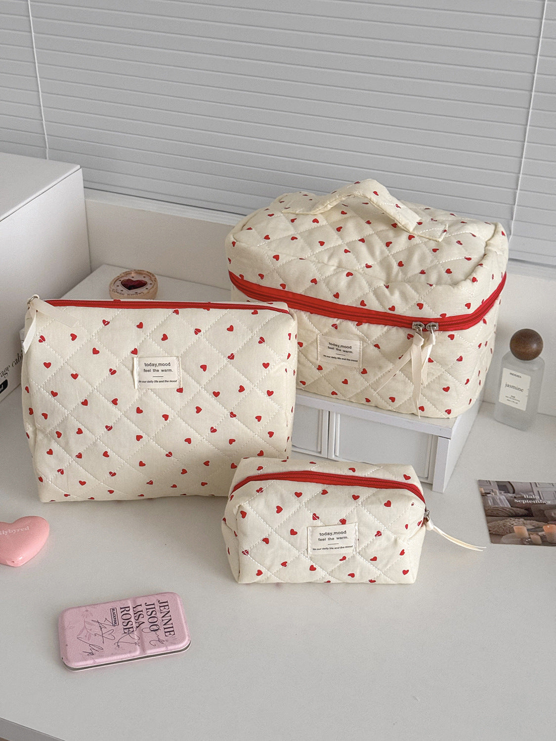Red Heart Cosmetic Bag Stylish Multi-Functional Storage Pouch