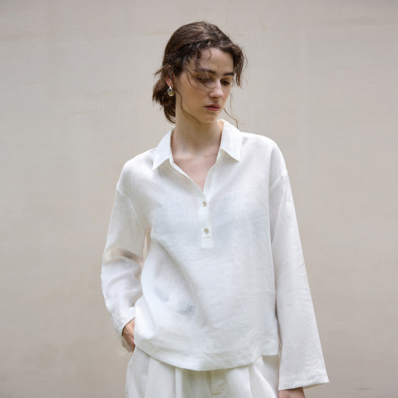 Long Sleeve Polo Collar Shirt Elegant Linen Blouse