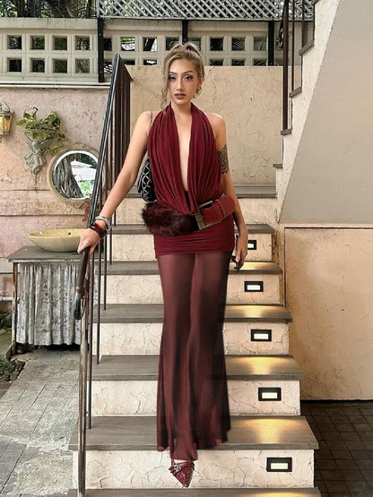 Fashionable Hollow Backless Deep V Bodycon Dress and Mesh Skirt Set