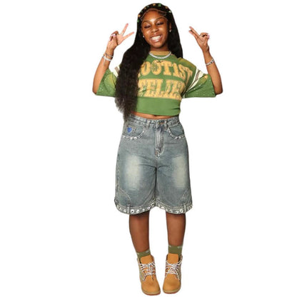 Casual High-Waisted Denim Shorts With 3D Pattern