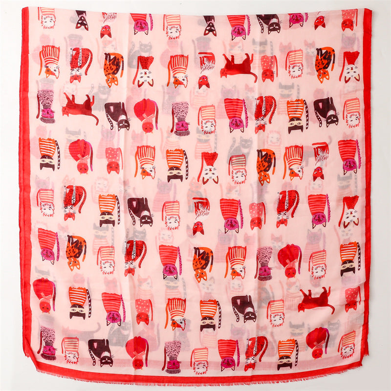 Spring And Autumn Sunscreen Cute Cat Paradise Printed Silk Scarf Satin Cotton Long Scarf