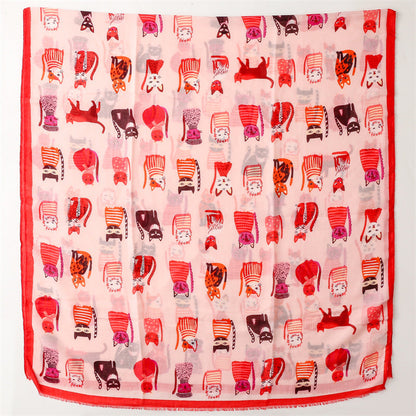 Spring And Autumn Sunscreen Cute Cat Paradise Printed Silk Scarf Satin Cotton Long Scarf