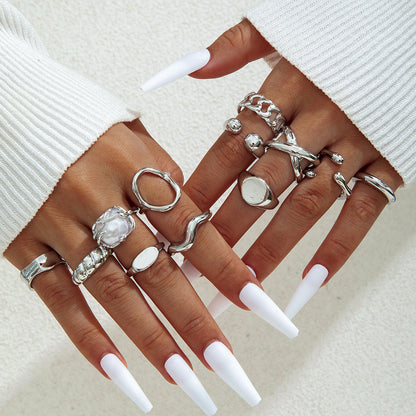 Irregular Pearl Ring Set Trendy Gold Retro Geometric Statement Rings