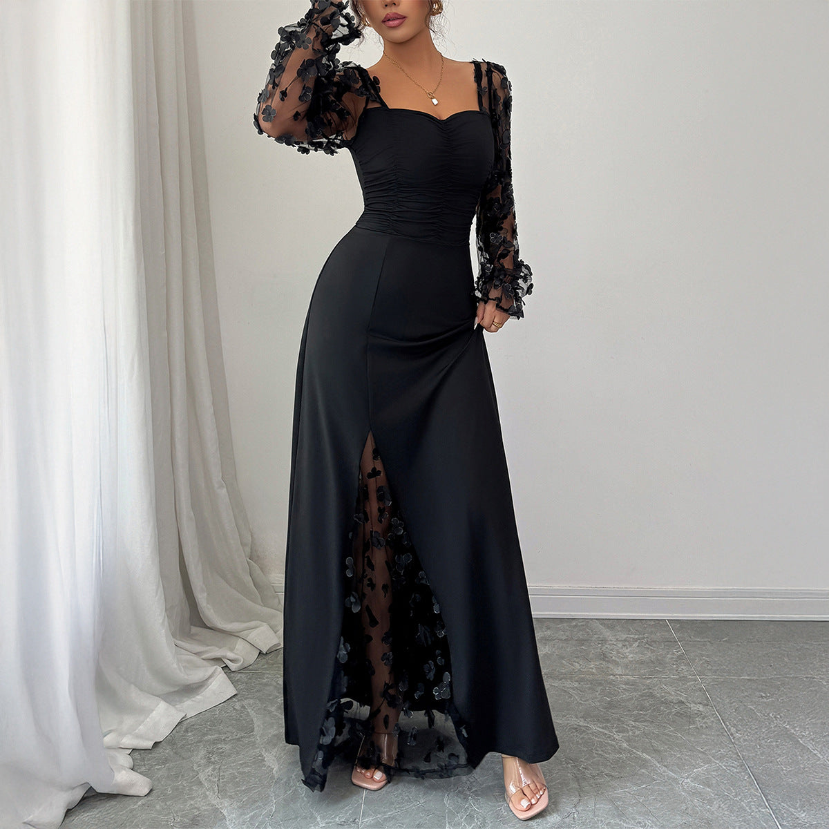 Elegant Hollow Out Long Sleeve Maxi Dress for Women
