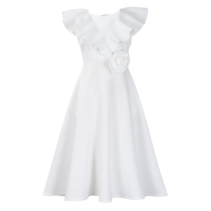 V-Neck Ruffle Floral Dress Elegant Evening Gown