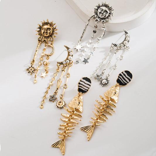 Vintage French Style Geometric Sunflower Moon Long Earrings