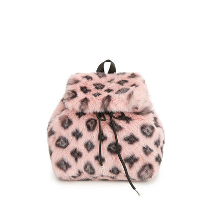 Leopard Print Plush Backpack Soft Fur Drawstring Bag