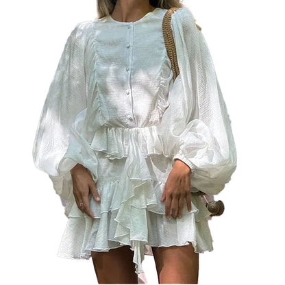 French High Waist Puff Sleeve Ruffled Mini Dress
