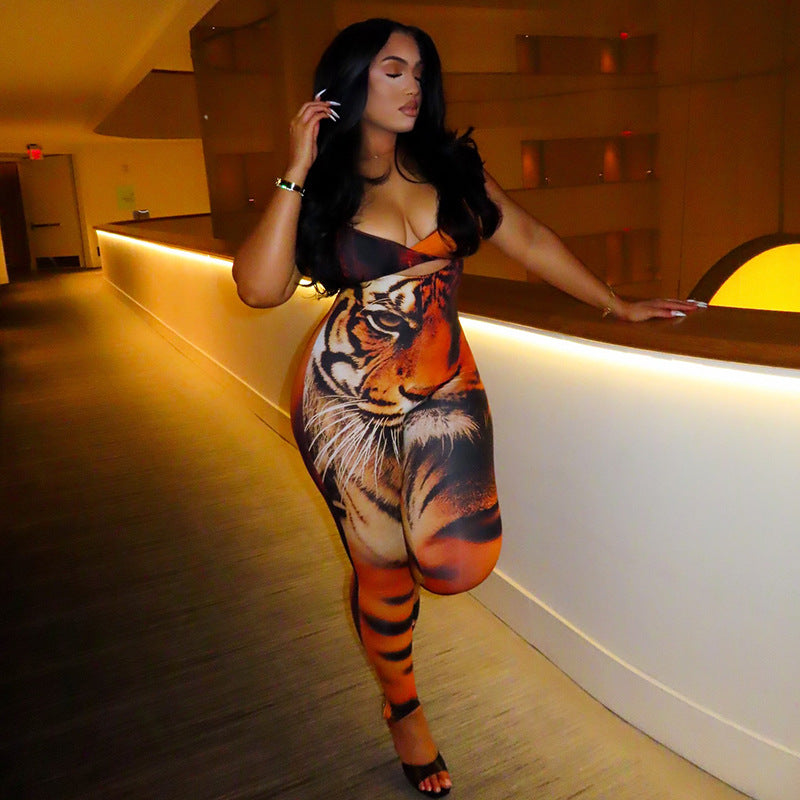 Stylish Tiger Print Bodycon Jumpsuit For Women