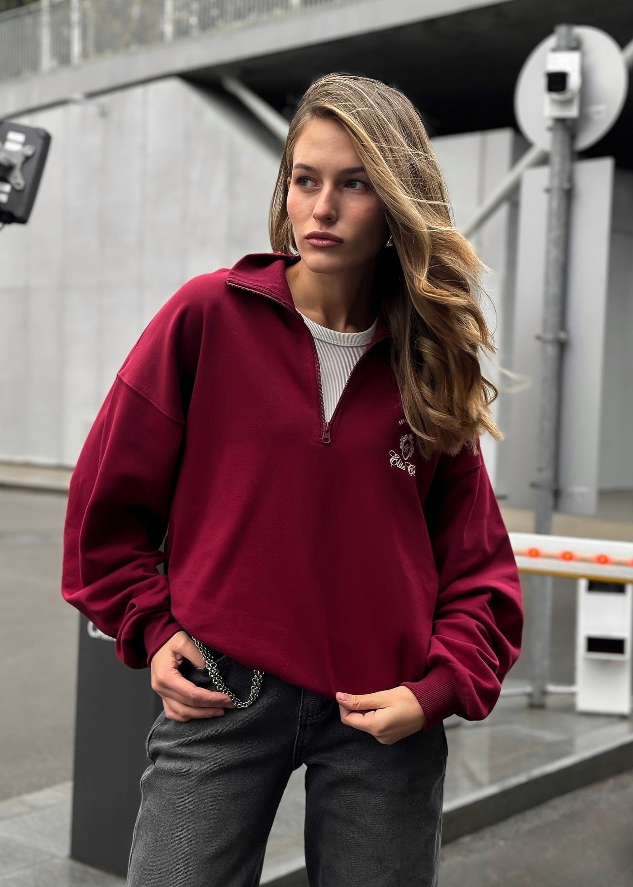 Half Zip Fleece Pullover Soft Fabric Burgundy