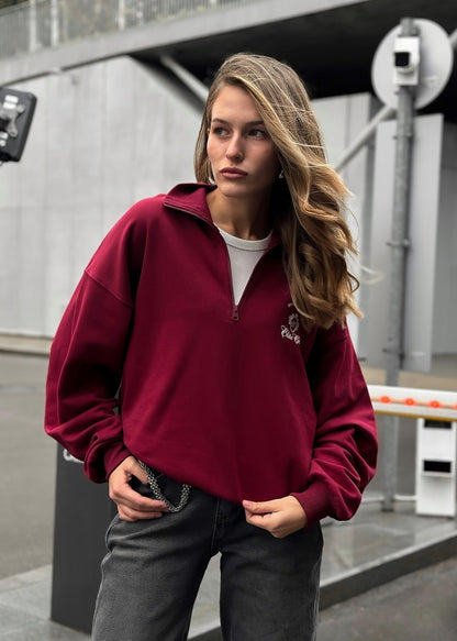 Half Zip Fleece Pullover Soft Fabric Burgundy
