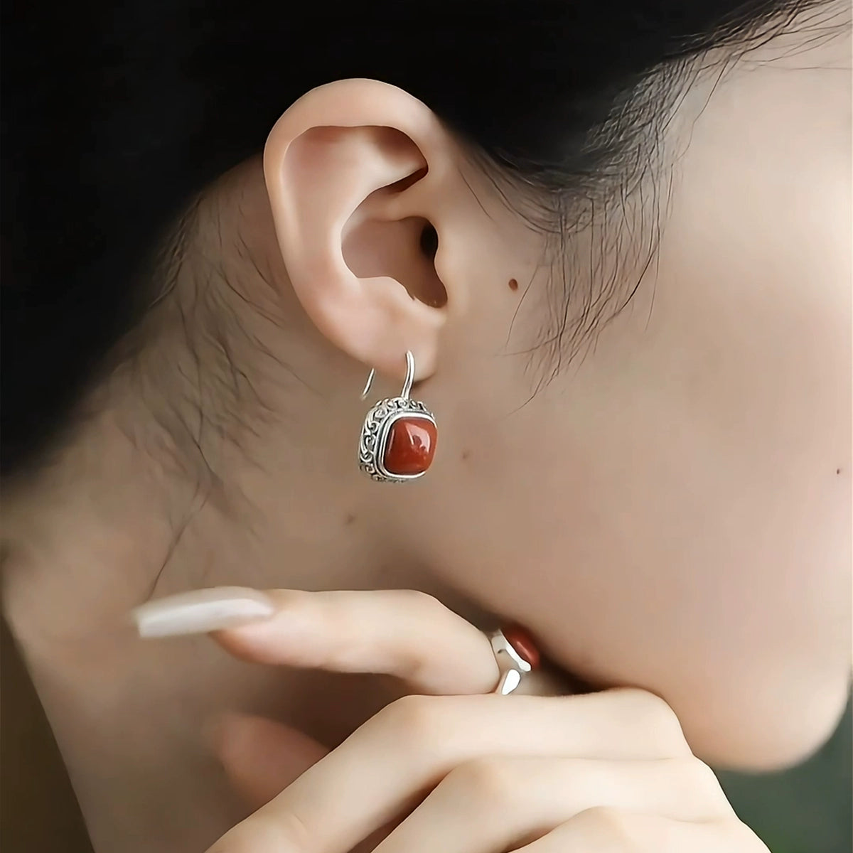 925 Silver Retro New Tibetan Square Earrings Hollow Women'S Curly Grass Pattern Women'S Old Earrings