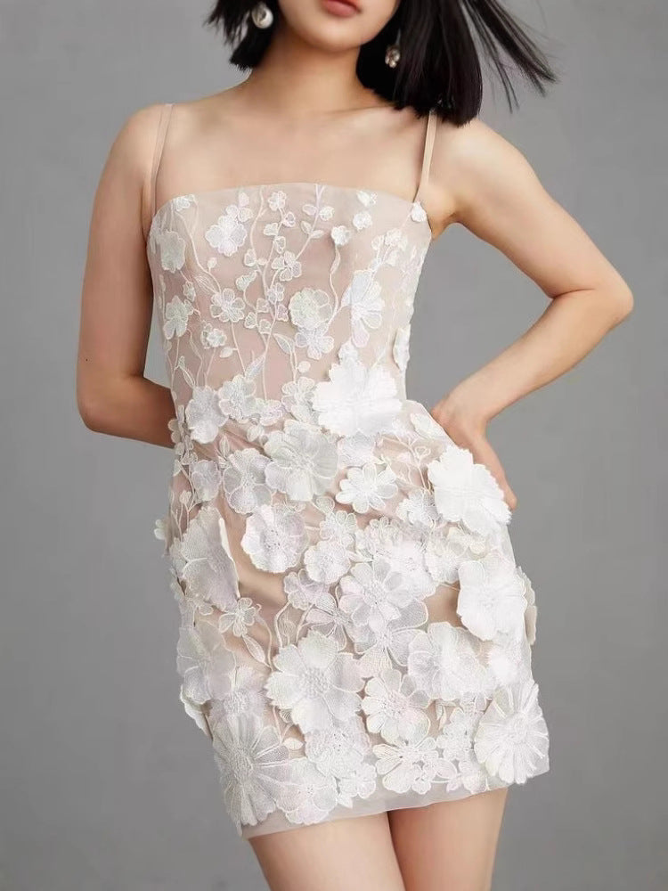 3D Floral Embroidered Slip Dress Elegant Polyester Summer Dress