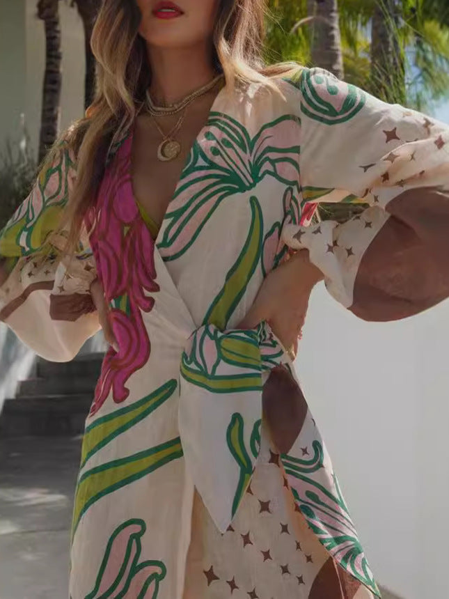 Floral Print Long Sleeve Cardigan Dress with Belt