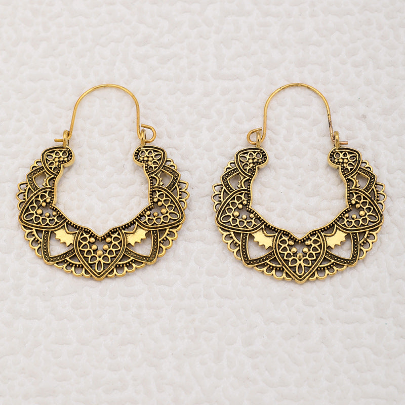 Vintage Geometric Metal Hoop Earrings With Floral Patterns