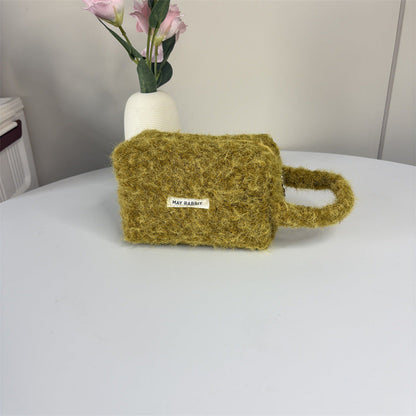 Simple Plush Solid Color Cosmetic Bag With Handle