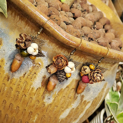 Rustic Leaf Acorn Earrings Handmade Floral Wooden Jewelry
