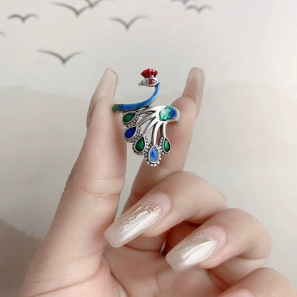 Sterling Silver Retro Thai Silver Ethnic Style Classical Ring Women'S Light Luxury Open Index Finger Fashion Personality Exaggerated Peacock Phoenix