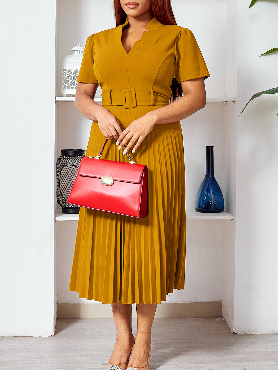 Elegant High-Waisted V-Neck A-Line Dress For Women