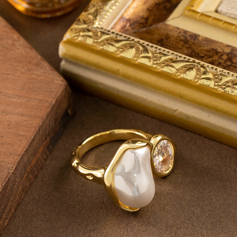 Elegant Design Adjustable Open Ring With Pearl And Zircon