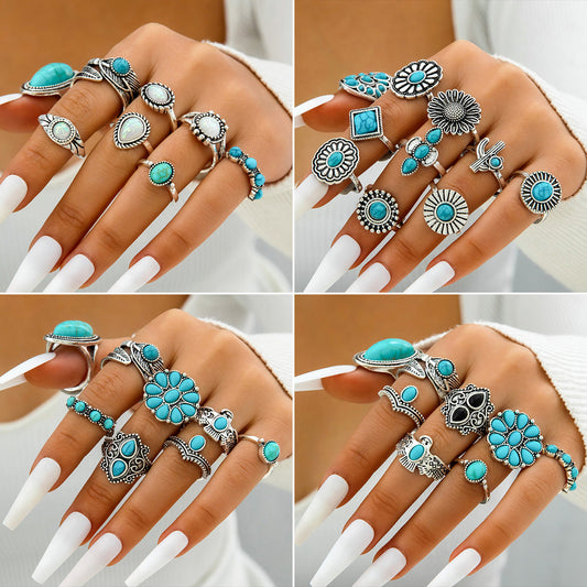 Bohemian Style Carved Feather Turquoise Ring Set