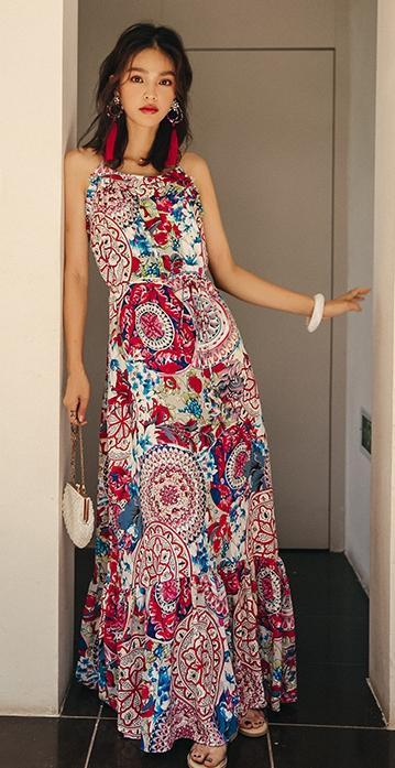 Ethnic Style Summer Bohemian Holiday Thailand Beach Spaghetti-Strap Long Dress