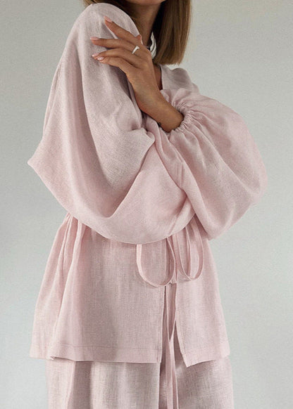 Linen Two Piece Set with Bell Sleeves in Coral