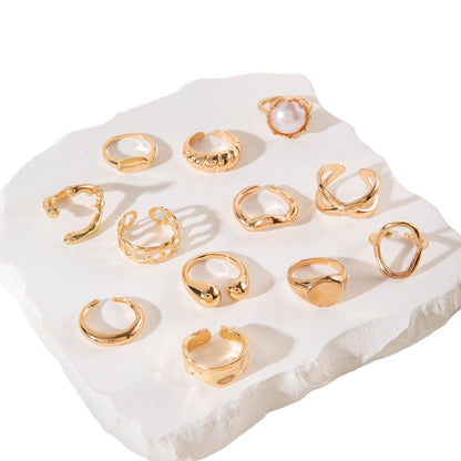 Irregular Pearl Ring Set Trendy Gold Retro Geometric Statement Rings