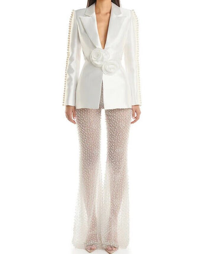 Hollow Beaded Flower Suit Set with Wide Leg Pants